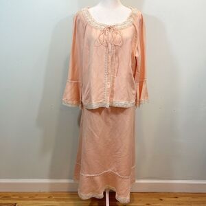 Address Maggy 2 Piece Linen Set Top & Skirt Peach White Lace Sz 14 Cottagecore